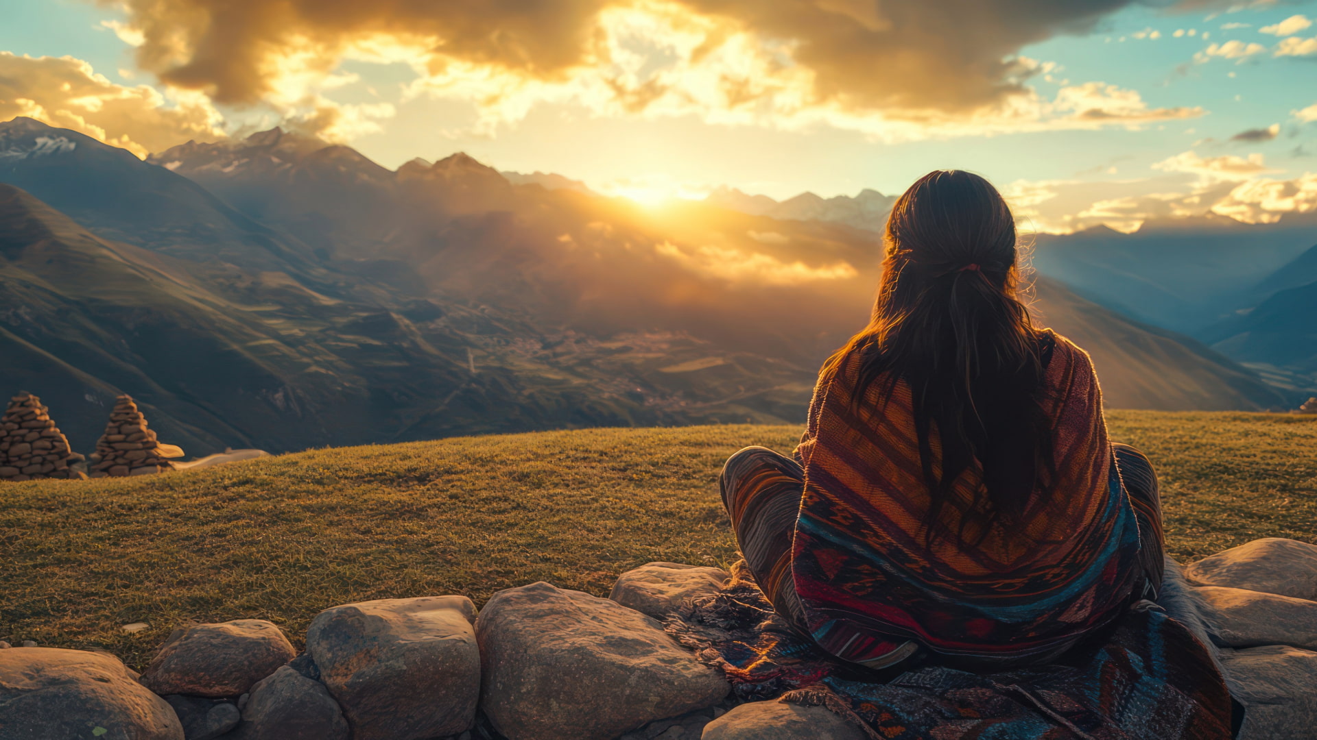 Mujer envuelta en manta tradicional observando el atardecer andino, evocando las Leyendas del Cusco y su conexión espiritual con la naturaleza - Cusco tu Destino Travel