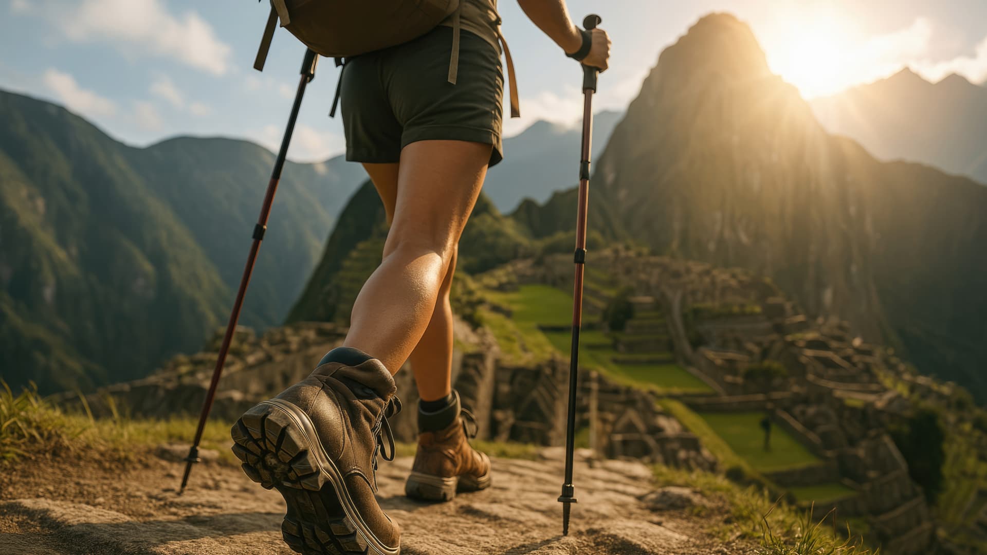 Camino Inca Huchuy Qosqo: La Llegada a la Ciudadela de Machu Picchu Excursionista llega a Machu Picchu al amanecer tras completar el Camino Inca de Huchuy Qosqo, con vistas a la ciudadela y la montaña Huayna Picchu.