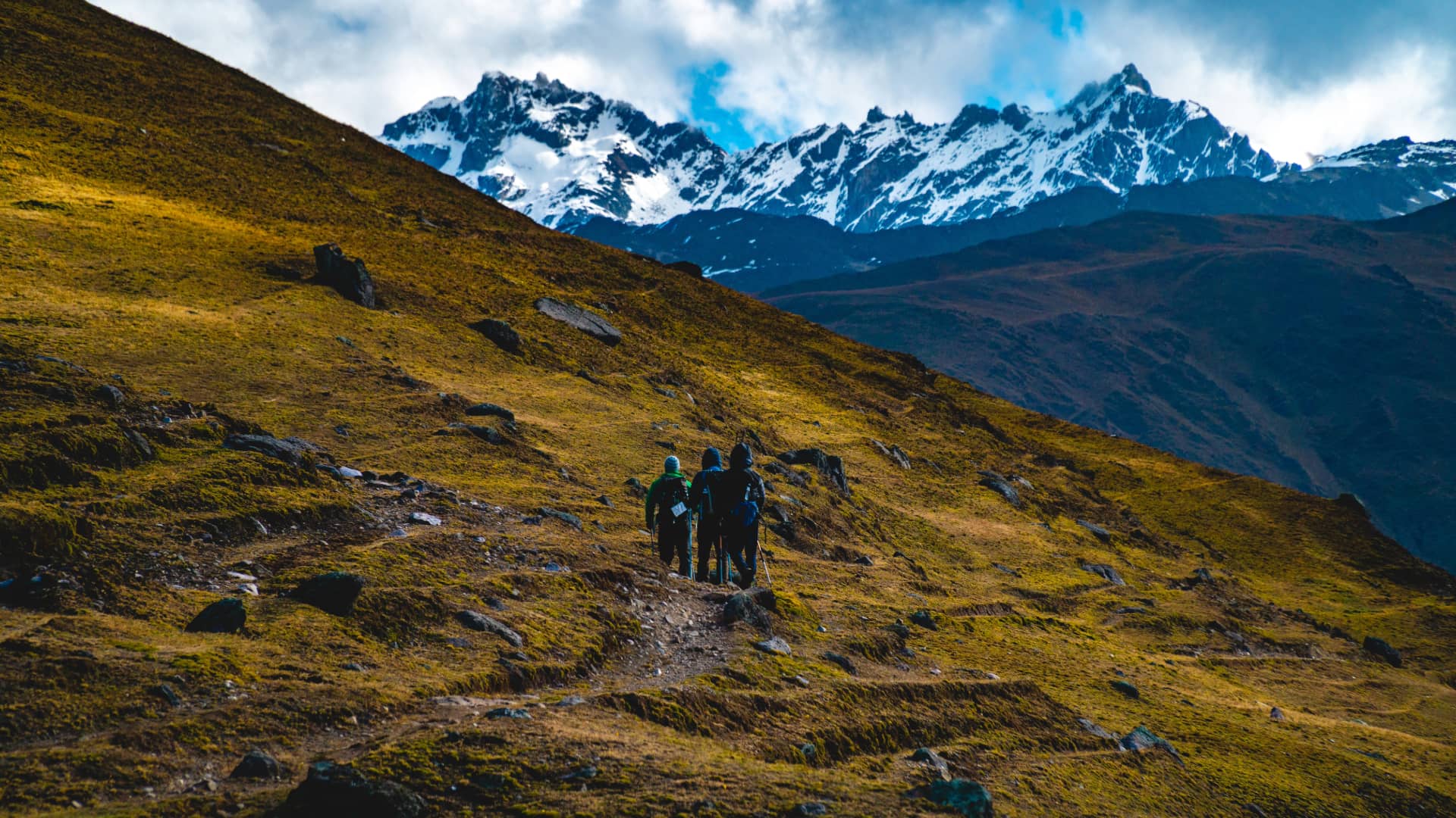 Trekking en los Andes de Lares Cusco: Conquista Cumbres en Perú Tres montañistas ascienden por una ladera dorada hacia las imponentes cumbres de Lares Trek de la cordillera de los Andes en Perú.