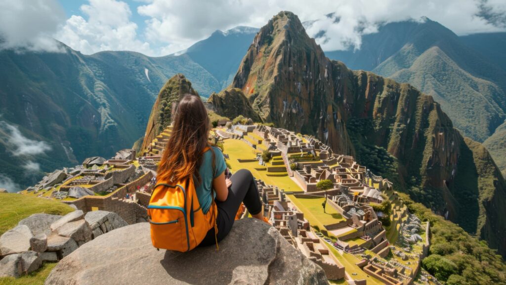 Una mujer joven con una mochila naranja sentada sobre una roca contempla la majestuosa ciudadela inca de Machu Picchu y la montaña Huayna Picchu.